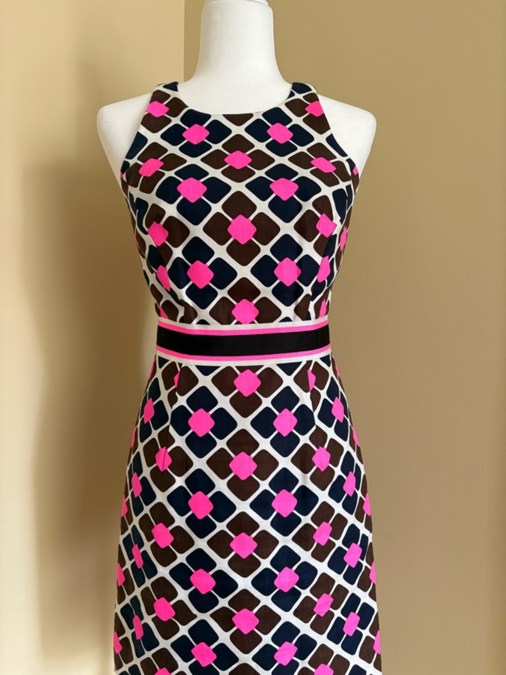 Milly Hot Pink, Navy & Brown Geometric Midi Dress